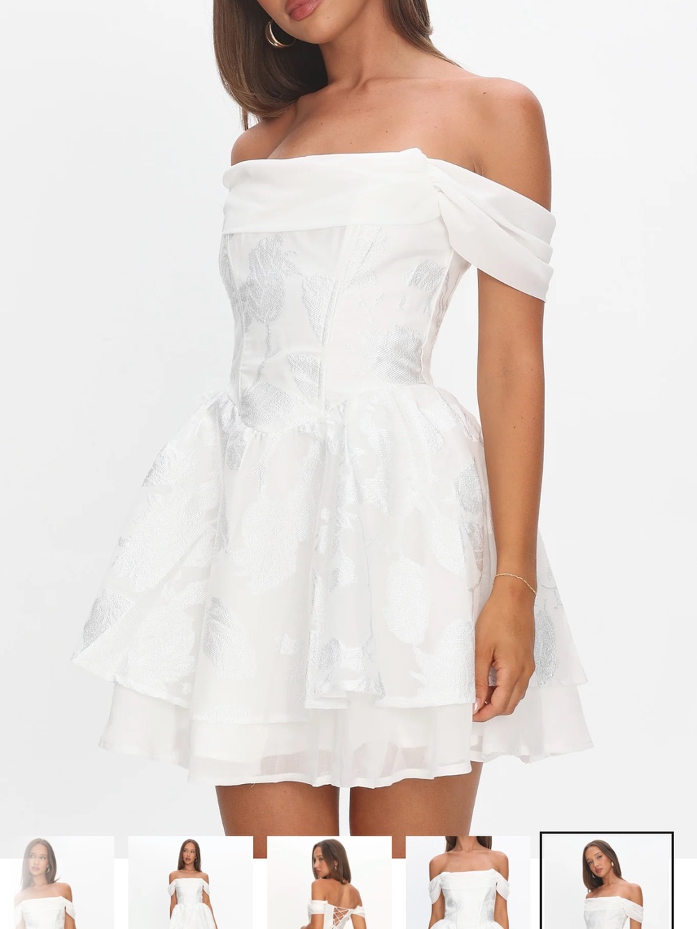 Selfie Leslie White Off-Shoulder Jacquard Short Bridal Dress - Picture 5 of 9